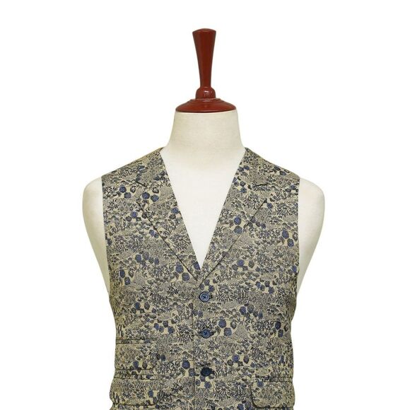 Mens Floral Vest 44R Yellow Blue Jacquard Waistcoat Formal Wedding Groom Party - Picture 4 of 9